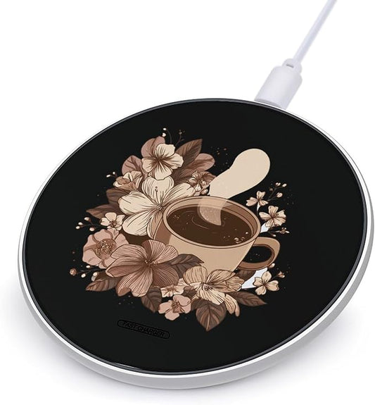 Coffee Tea Florals Fast Portable Charger 10W Funny Graphic Phone Charging Pad with USB Cable