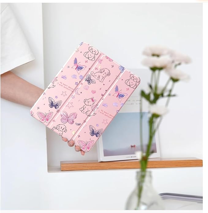 Cute Kawaii Puppy Butterfly for iPad (A16) 11th Gen Case 11 Inch 2025 for iPad 10th Gen Case 10.9 Inch 2022 with Pencil Holder Auto Sleep/Wake Pink Leather Clear Acrylic Back Cover