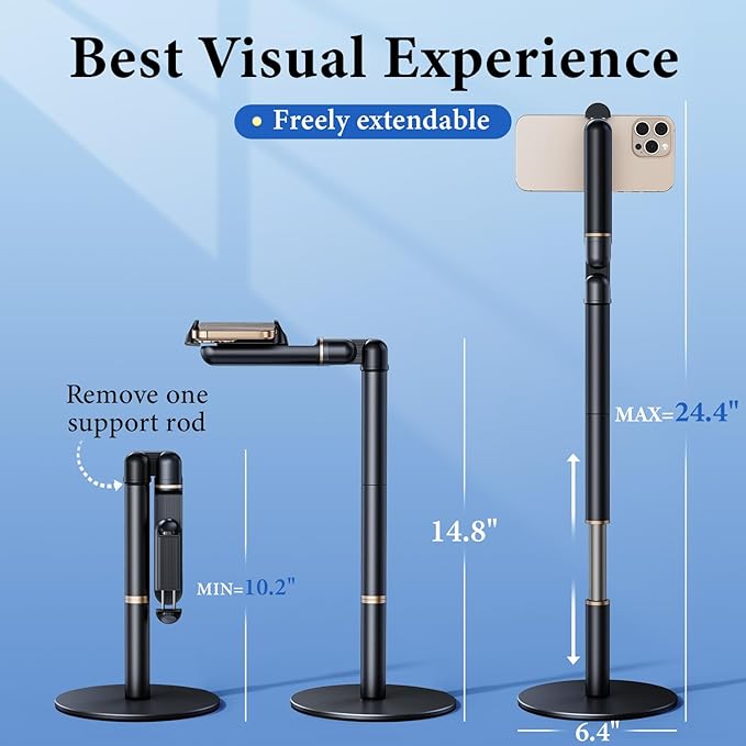 Retractable Phone Stand for Desk10.2-24.4in Height Adjustable Rotating Phone Holder for RecordingAluminium Overhead Phone Mount for iPhone &amp 4.7-7in Cell Phones