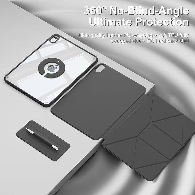 Case for iPad 11-Inch (A16) 11th Generation/ 10.9-Inch 10th Gen (2025/2022) with Pencil Holder Detachable Magnetic 360° Rotating Clear Protective Cover Portrait/Landscape Stand Black