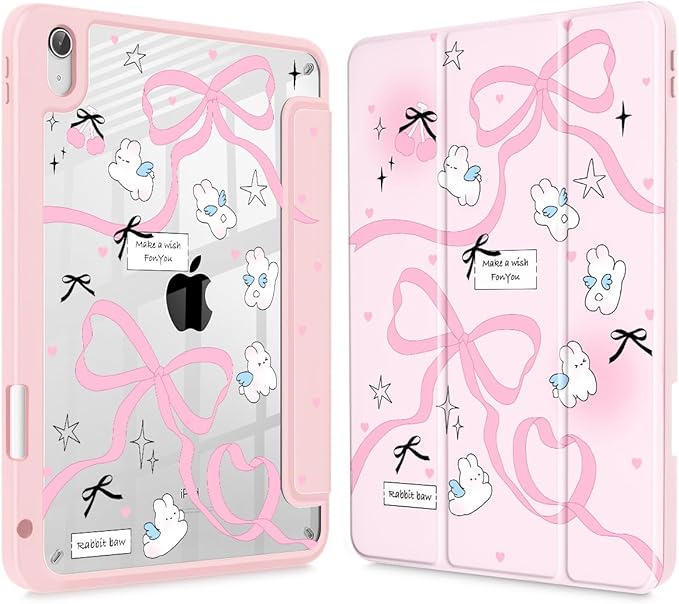 Mektron for 11th Generation iPad 11-inch A16 chip 2025 Cover with Pencil Holder Fit 10th Generation iPad 10.9-inch A14 chip 2022 Shockproof Clear Shell Pink Bows-Rabbits