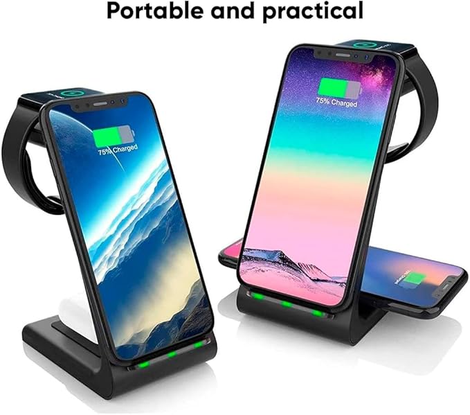 LUNOX 3 in 1 Magnetic Wireless Charger Foldable Fast Charging Station USB-C Portable Charging Stand for Smartphone Smartwatch and Earbuds Compact Desk and Travel Charger Black &amp White