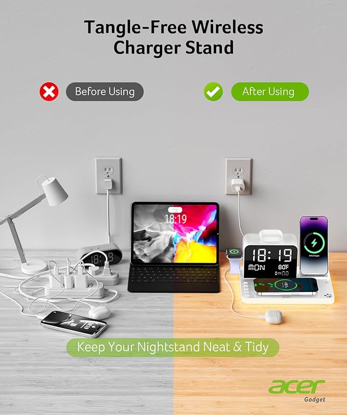 Acer 7-in-1 Wireless Charging Station with LED Clock - 30W Fast Wireless Charger for iPhone 16/15/14/13/12/Pro Max Apple Watch AirPods - Bluetooth Auto Time Sync &amp Night Lights (White)