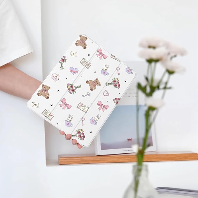 Cute Kawaii Bear Bunny for iPad 5th/6th Generation Case with Pencil Holder Auto Sleep/Wake White Leather Soft TPU Back Cover for iPad 9.7 Inch