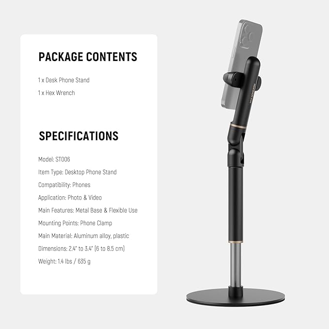 NEEWER Basics Cell Phone Stand for Desk Adjustable Phone Holder Clamp with Weighted Metal Base Office Table Phone Mount Compatible with iPhone 16 15 Pro Max Plus Samsung for Video Recording ST006