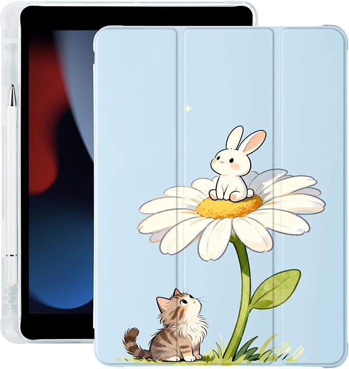 Cue Kitten Cat Bunny Flower for iPad Pro 11 Inch Case 4th/3rd/2nd Generation 2022/2021/2020 with Pencil Holder Auto Sleep/Wake Blue Leather Soft TPU Back Cover