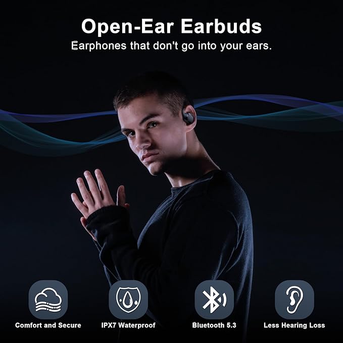 TTQ Open Ear Headphones Open Ear Earbuds IPX7 Waterproof Bluetooth 5.3 True Wireless Sports Over Ear Earbuds with Earhooks Built-in Mic Crystal-Clear Calls for Running Workout Cycling Driving