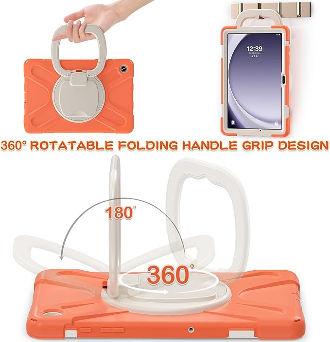 Case for Galaxy Tab A9 Plus 11 2023 (SM-X210/ X215/ X216) Heavy Duty Protective Case with 360 Degree Swivel Stand&ampHand Strap&ampShoulder Strap (Living Coral)
