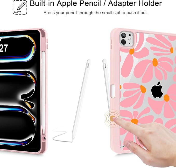 May Chen Case for iPad Pro 11-Inch M5/M4 2025/2024 (6th/5th Generation) Clear Transparent Print Back Shell Slim Stand Shockproof Tablet Cover Auto Wake/Sleep Groovy Flower