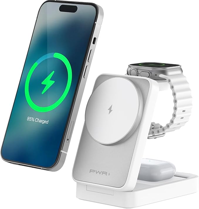 PWR Fold 2.0 4-in-1 Charging Station for Multiple Devices - Portable Wireless Charging Station Compatible with Apple Watch iPhone Samsung Airpods and Qi Wireless Devices (White)