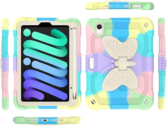 for iPad Mini 7 A17 Pro Case for iPad Mini 7th/6th Generation - Rugged Soft Silicone Cute Cartoon with Shoulder Strap Multi-Angle Stand Kawaii for Women Girls Girly Kids Teens Cover Colorful