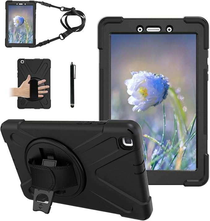 Case for Samsung Galaxy Tab A 8.0 2019 (SM-T290/T295/T297)Portable Heavy Duty Dropproof Protective Cover Case with 360 Rotating StandHandle &amp Shoulder StrapStylus Pen (New Black)