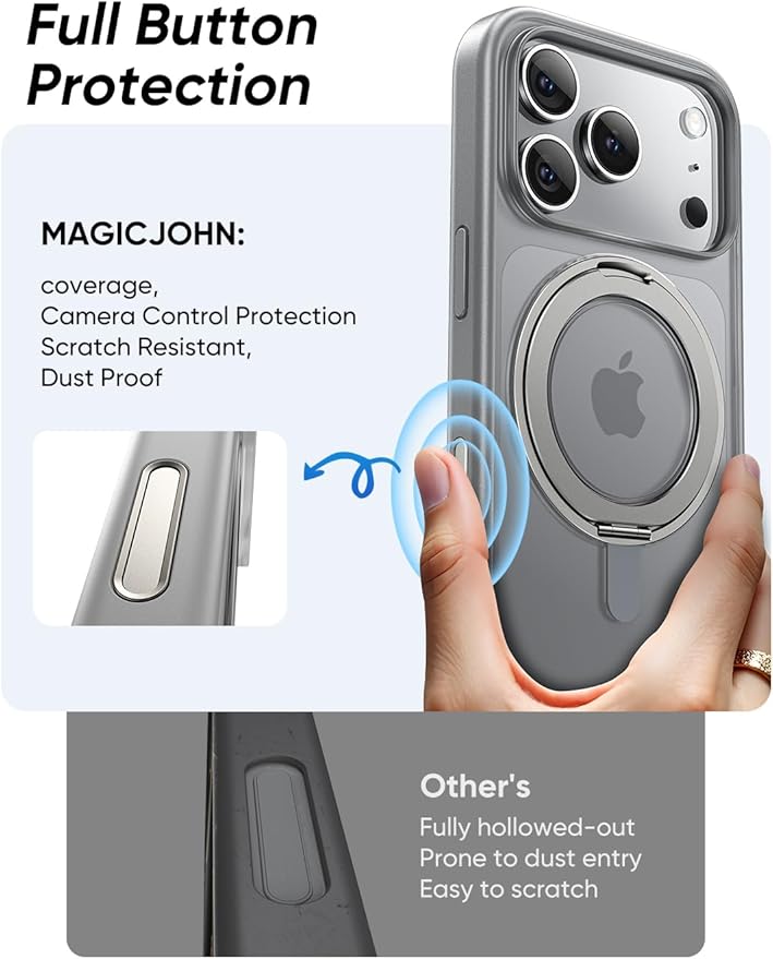 MAGIC JOHN 360° Rotatable Magnetic Invisible Stand for iPhone 17 Pro Case [Camera Control Button] [Compatible with MagSafe] 16FT Shockproof for iPhone 17 Pro Case with Kickstand Gray