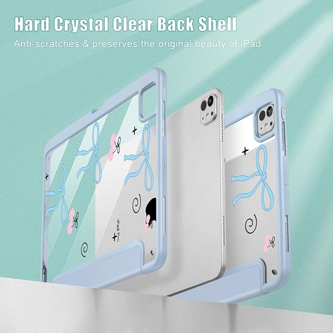 May Chen Case for iPad Pro 11-Inch M5/M4 2025/2024 (6th/5th Generation) Clear Transparent Print Back Shell Slim Stand Shockproof Tablet Cover Auto Wake/Sleep Blue Bows Dog