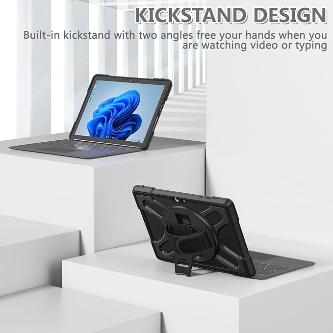 Junfire Shockproof Case for Microsoft Surface Go4/ Surface Go3/ Surface Go2 Protective 10.5 Inch Case with Hand Strap/360°Rotating Kickstand/Stylus Holder Compatible with Type Cover Keyboard-Black