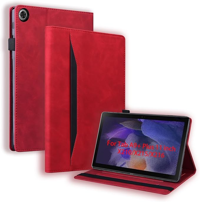Flip Case for Samsug Galaxy Tab A9+ Plus 11 inch (SM-X210/X216/X218) PU Leather Stand Soft Back CoverAdjustable Stand Shell w/Card Slots/Pen Holder/Front Pocket - Red