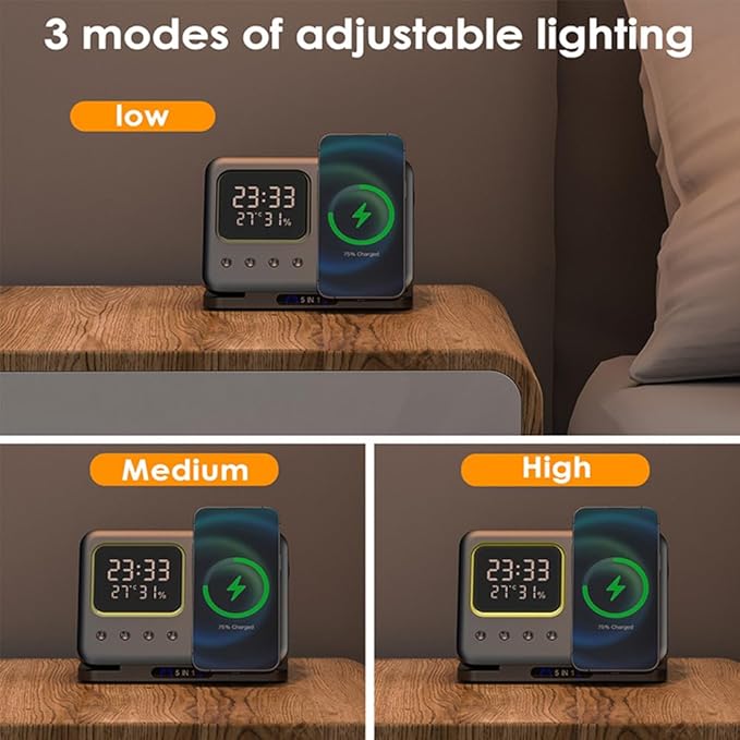 IHAO 5in1 Multi Functional Wireless Charger with Digital Clock 15W Fast Charge Night Light Temperature Display MagSafe Compliant for iPhone iWatch and Qi Headphone-DH13 White