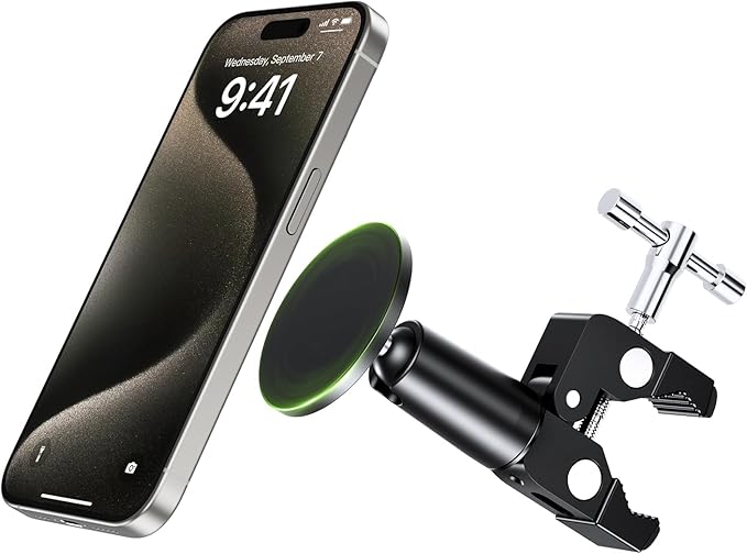 elitehood Magnetic Phone Clamp Mount Adjustable Phone Holder for Mic Stand/Music Stand/Golf Cart/Treadmill/Stroller/Shopping Cart/Stationary Bike iPhone Clamp Mount for Magsafe iPhone 16 15 14