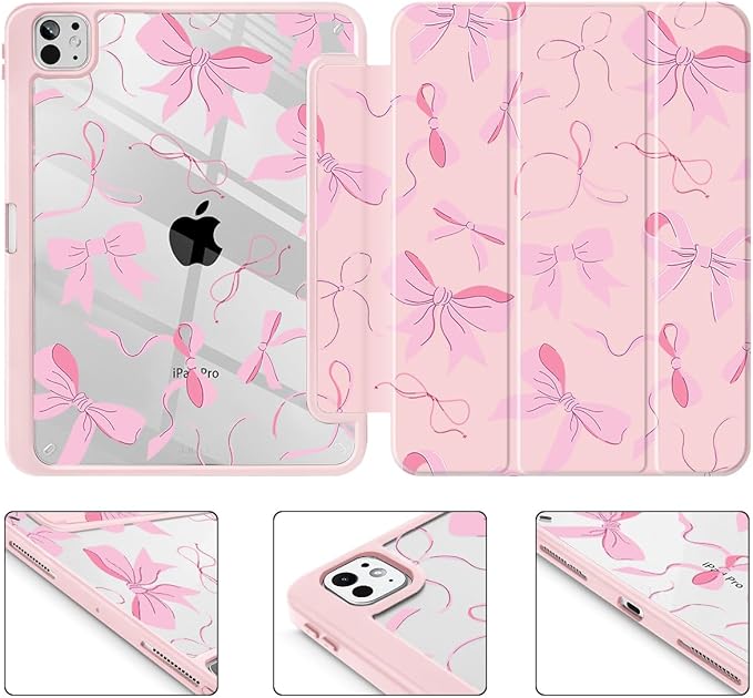 May Chen Case for iPad Pro 11-Inch M5/M4 2025/2024 (6th/5th Generation) Clear Transparent Print Back Shell Slim Stand Shockproof Tablet Cover Auto Wake/Sleep Pink Bows P631