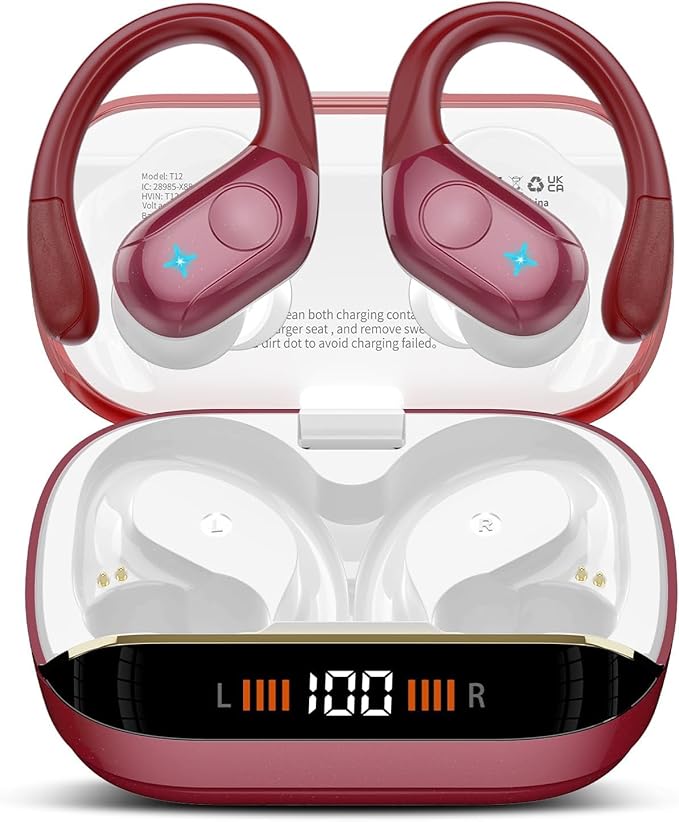 Wireless Earbuds Bluetooth 5.4 Headphones 75H Stereo Deep Bass Sports Over Ear Buds with Earhooks LED Display Bluetooth Earbuds with 4 ENC Mic IP7 Waterproof Earphone for Running Red