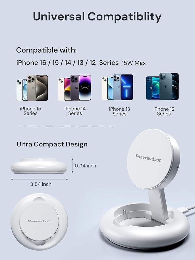 PowerLot Wireless Charger 15W Fast Qi2-Certified Wireless Charging Station Compatible with iPhone 16/15 /15 Plus / 15 Pro /15 Pro Max /14/13 /12 Qi2 Enabled Devices (20W PD Charger Included)