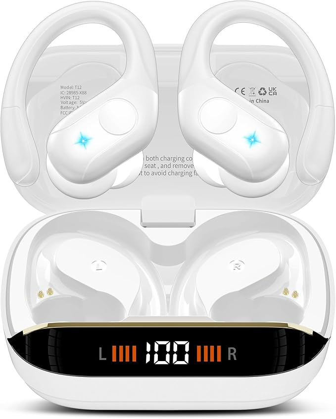 Wireless Earbuds Bluetooth 5.4 Headphones 75H Stereo Deep Bass Sports Over Ear Buds with Earhooks LED Display Bluetooth Earbuds with 4 ENC Mic IP7 Waterproof Earphone for Running White