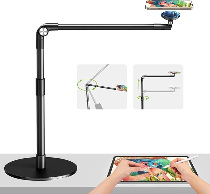 elitehood Magnetic Phone Stand for Overhead Recording 15 in Long Arm Magsafe iPhone Holder for Video Recording 360 Swivel Tilt Overhead Phone Mount for Filming Meeting Cooking Painting Crafting
