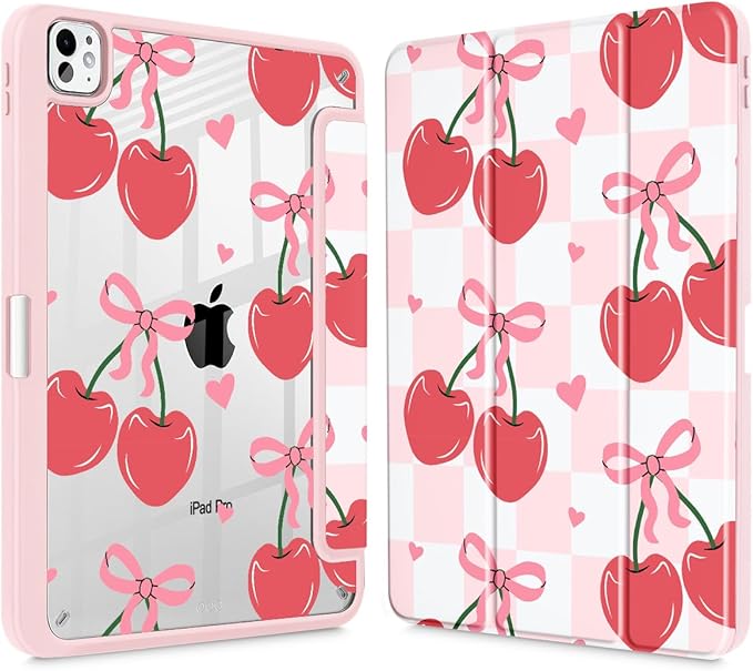 Mektron Case for M5/ M4 iPad Pro 11 inch 2025/2024 with Pencil Holder Compatible Models: A3357/A3358/A3359/A2836/A2837/A3006 Shockproof Cover Clear Shell Cherries Bows C353