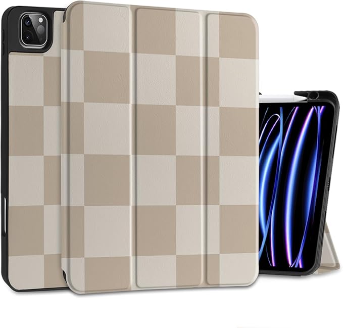 DONGKE Case for 2022/2021/2020/2018 iPad Pro 11 inch Gen 4/3/2/1 - Slim Protective Case - Built in Pencil Holder Support Charging - Trifold Stand &amp Sleep/Wake Cover- Beige Chessboard