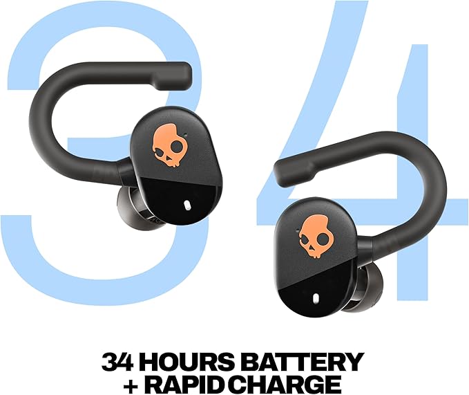 Skullcandy Push Play Active Wireless Earbuds Bluetooth Headphones Noise Isolating Fit 34 Hrs Battery Secure-Fit Over-Ear Hanger Sweat Water Resistant Microphone for iPhone Android - Black/Orange