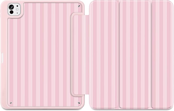 MecBevia Case for iPad Pro 11 inch M5 2025 / M4 2024 (6th/5th Gen) A3357 A3358 A3359 A2836 A2837 A3006 – Built-in Pencil Holder &amp Auto Wake/Sleep Pink Stripes