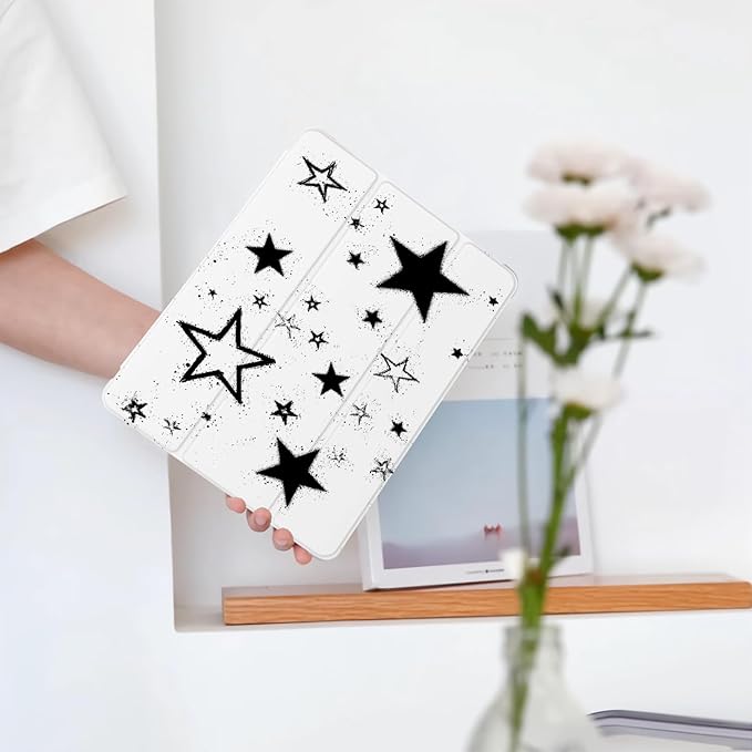 Cute Y2K Black Star for iPad 7th/8th/9th Generation Case with Pencil Holder Auto Sleep/Wake White Leather Soft TPU Back Cover for iPad 10.2 Inch 2019/2020/2021