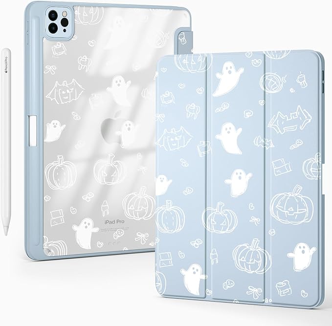 Cute Halloween Ghost Pumpkin for iPad Air 13 Inch Case M3 2025/M2 2024 with Pencil Holder Auto Sleep/Wake Blue Leather Clear Acrylic Back Cover
