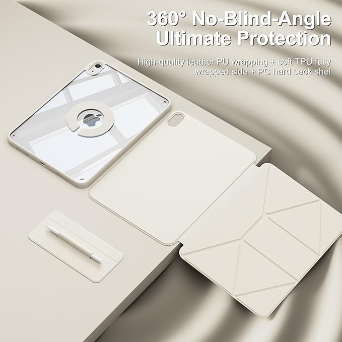 Case for iPad 11-Inch (A16) 11th Generation/ 10.9-Inch 10th Gen (2025/2022) with Pencil Holder Detachable Magnetic 360° Rotating Clear Protective Cover Portrait/Landscape Stand White Cream