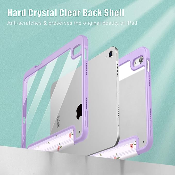 Mektron Printed Case for iPad mini 7 (A17 Pro) 2024/ Mini 6 2021 iPad mini 7th/6th Gen 8.3-inch Liquid Retina Display Cover Buit in Pencil Holder with Clear Back Shell Flowers &amp Adorable Lace