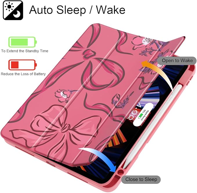 Mektron Case for M5/ M4 iPad Pro 11 inch 2025/2024 with Pencil Holder Compatible Models: A3357/A3358/A3359/A2836/A2837/A3006 Shockproof Cover Clear Shell Flowers-Bows-Red