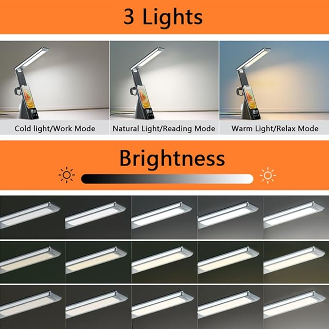 IHAO 6in1 Multifunctional Foldable LED Desk Lamp with Wireless Charger Digital Alarm Clock Eye-Care Lighting 3 Color Modes 15W Qi Charger for Phone/Headphones Apple Watch Compatible-Black
