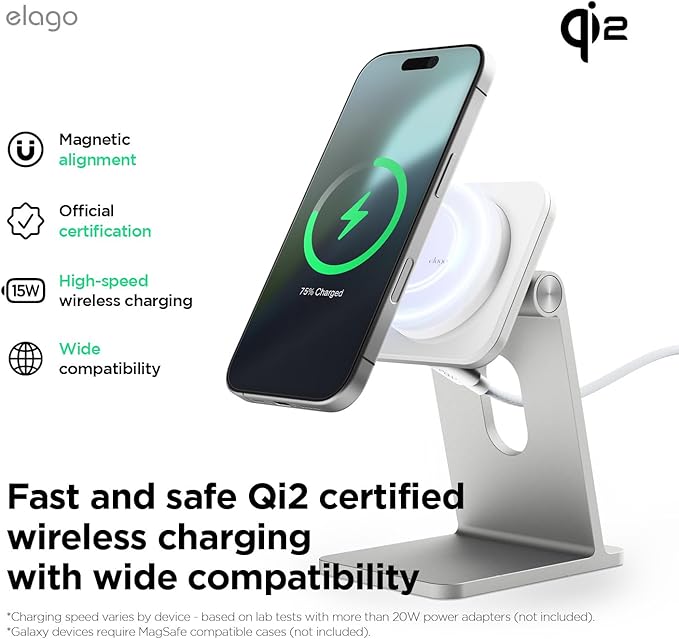 elago Qi2 Wireless Charging Stand for MagSafe Devices Qi2 Certified 15W Ultra-Fast Strong Magnet Adjustable Tilt Non-Slip Design for iPhone (White)