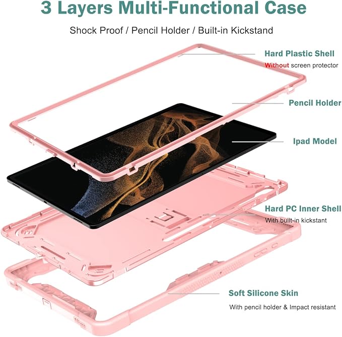 Protective Case Compatible with Samsung Galaxy Tab S9 Ultra 14.6 Inch 2023 Case with Built-in Stand Rugged Hybrid Shockproof Protective CoverCompatible with Samsung Galaxy Tab S9 Ultra(Rose Gold)