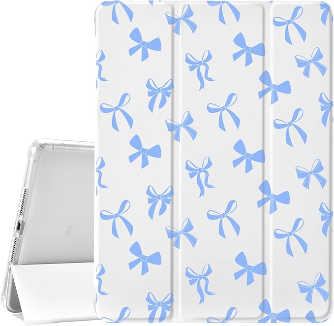JOYLAND White Pad Case for iPad 5th/6th Generationwith Pencil Holder-Auto Wake/Sleep-Blue Bow Pattern Anti-Scratch Shockproof Premium Folio Stand Case for iPad Air 29.7 inch