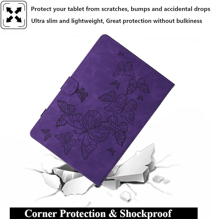 Case for Amazon Kindle Fire HD 8 &amp Fire HD 8 Plus (12th/10th Gen 2024/2022/2020) 8 with Stand/Pencil Holder [Auto Sleep/Wake] UUcovers Embossed Magneic Smart Folio Cover Purple Butterfly