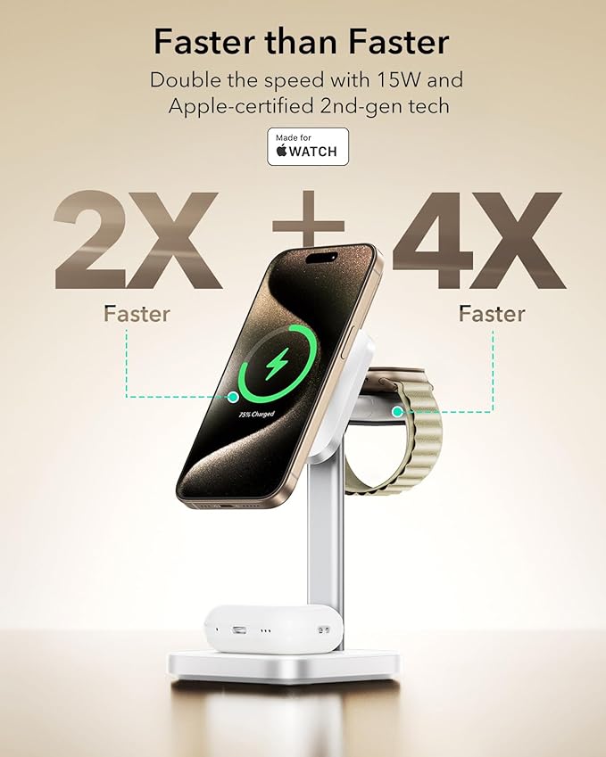 ESR for 3 in 1 Wireless Charging Station Certified Apple Watch Charger 15W MagSafe Charger Stand for iPhone Wireless Charger for Multiple Devices iPhone 17/16/15/14/13 Watch AirPods White