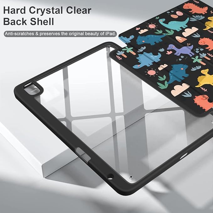 Batianda Hybrid Case for iPad Air 2022 (5th Generation M1 Chip) / iPad Air 4th 2020 10.9 inch [Built-in Pencil Holder] Shockproof Cover with Clear Transparent Back Shell TPU BumperCute Dinosaurs