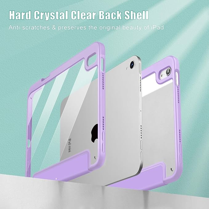 May Chen Slim Case for iPad mini 7 (A17 Pro 7th Generation) 2024 / iPad mini 6 (6th Gen) 8.3 Inch [Built-in Pencil Holder] Shockproof Cover Clear Clear Back Shell Auto Wake/Sleep Purple Stars Bow