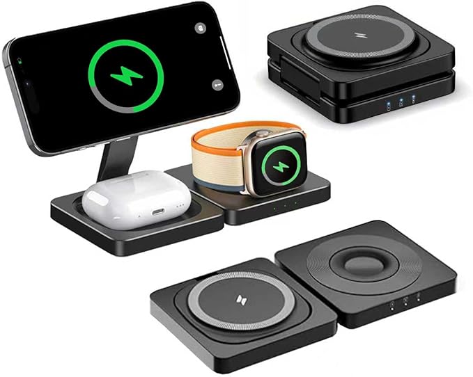 3-in-1 Foldable Wireless Charging Station Compatible with iPhone 17/16/15/14/13/12 Apple Watch AirPods Magnetic Fast Charging Stand Travel Charger