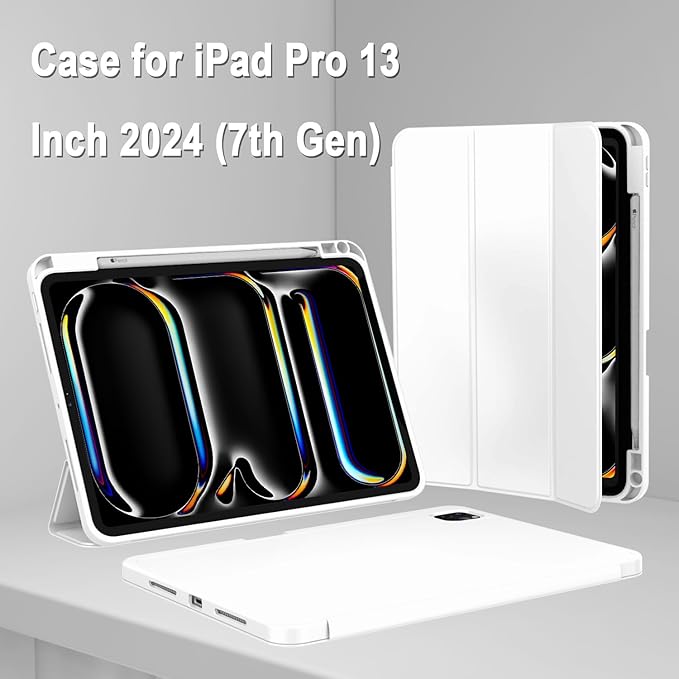 ZryXal New iPad Pro 13 Inch Case (M5) 2025 / (M4) 2024 with Pencil Holder Smart iPad Case [Support Pencil Pro and Pencil (USB-C)] Support Touch ID and Auto Wake/Sleep (New White)