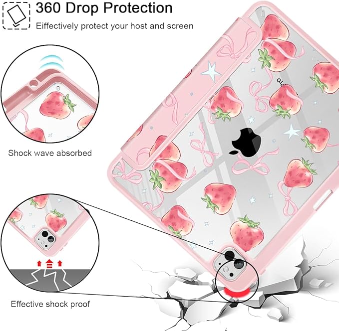 May Chen Case for iPad Pro 11-Inch M5/M4 2025/2024 (6th/5th Generation) Clear Transparent Print Back Shell Slim Stand Shockproof Tablet Cover Auto Wake/Sleep Bow Strawberry