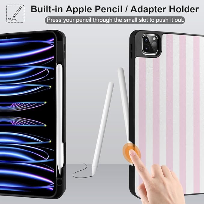 DONGKE Case for 2022/2021/2020/2018 iPad Pro 11 inch Gen 4/3/2/1 - Slim Protective Case - Built in Pencil Holder Support Charging - Trifold Stand &amp Sleep/Wake Cover- Pink Stripes