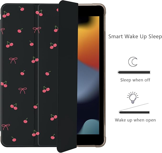 Cute Kawaii Cherry Bow for iPad Air 11 Inch Case 7th/6th Generation (M3/M2) 2025/2024 with Pencil Holder Auto Sleep/Wake Black Leather Soft TPU Back Cover
