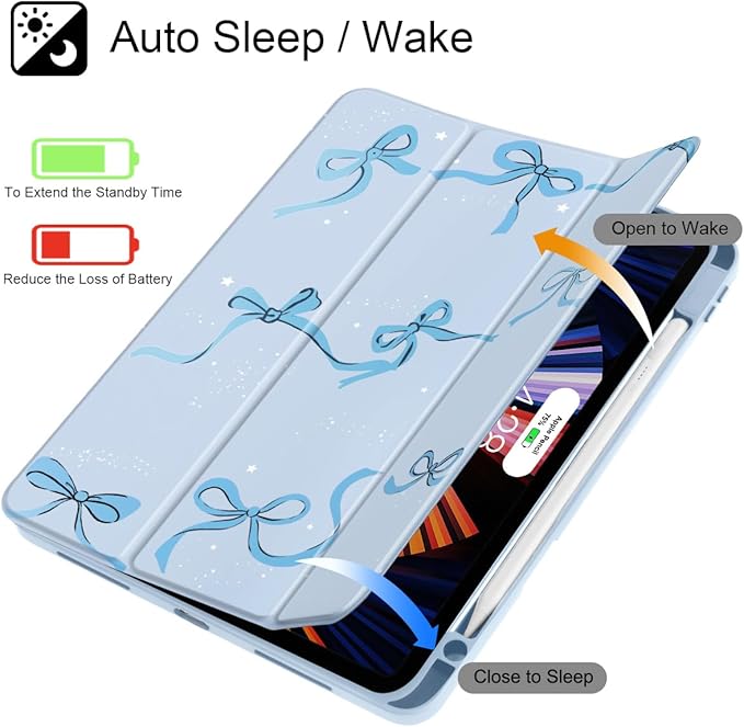 May Chen Case for iPad Pro 11-Inch M5/M4 2025/2024 (6th/5th Generation) Clear Transparent Print Back Shell Slim Stand Shockproof Tablet Cover Auto Wake/Sleep Bows Blue